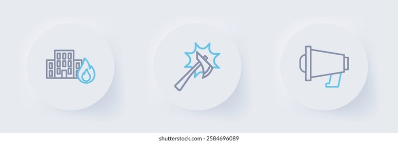 Set line Megaphone, Firefighter axe and in burning buildings icon. Vector