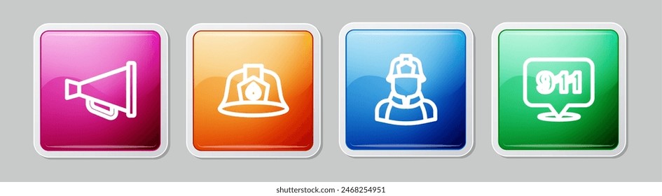 Set line Megaphone, Firefighter helmet,  and Emergency call 911. Colorful square button. Vector