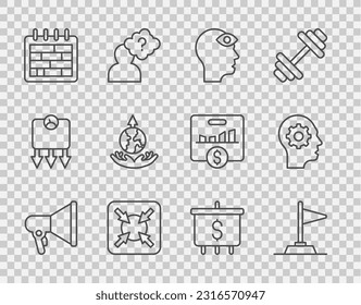 Set line Megaphone, Flag, Man with third eye, Target, Calendar, World expansion, dollar and Human head gear inside icon. Vector