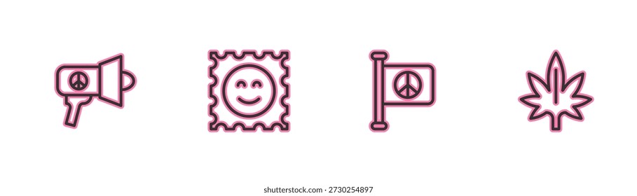 Set line Megaphone, Flag peace, LSD acid mark and Marijuana icon. Vector