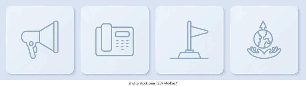 Set line Megaphone, Flag, Telephone 24 hours support and World expansion. White square button. Vector