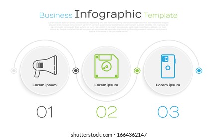 Set line Megaphone, Floppy disk for computer data storage and Smartphone, mobile phone. Business infographic template. Vector