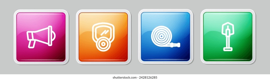 Set line Megaphone, Gas mask, Fire hose reel and shovel. Colorful square button. Vector
