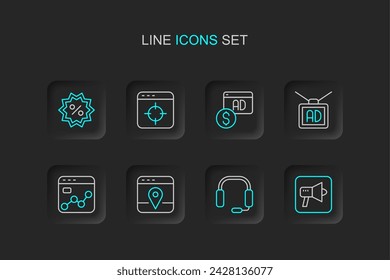 Set line Megaphone, Headphones, Infographic of city map, Market analysis, Advertising, Target financial goal and Discount percent tag icon. Vector