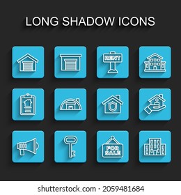 Set line Megaphone, House key, Garage, Hanging sign with For Sale, Warehouse, Realtor and shield icon. Vector