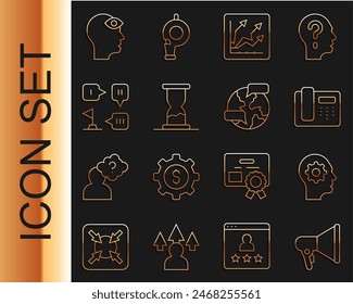 Set line Megaphone, Human head with gear inside, Telephone 24 hours support, Financial growth increase, Old hourglass sand, Planning strategy, Man third eye and Worldwide icon. Vector