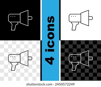 Establecer línea Megáfono icono aislado en blanco y negro, fondo transparente. Signo del altavoz.  Vector