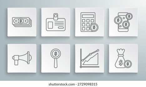 Megáfono, insignia de Identificación, lupa y símbolo de dólar, infografía de gráfico circular, moneda de la bolsa de dinero, calculadora con, teléfono inteligente y pila de papel moneda icono de efectivo. Vector