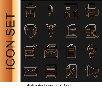 Set line Megaphone, Light bulb, Document with graph chart, Graph infographic, Tie, Headphones, Trash can and Table lamp icon. Vector