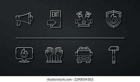 Set line Megaphone, Location with fire flame, Fire protection shield, truck, Firefighter gloves, exit, Hammer and hydrant icon. Vector