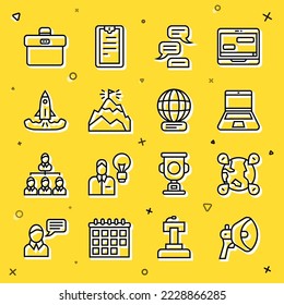 Set line Megaphone, Location the globe, Laptop, Speech bubble chat, Mountains with flag, Rocket, Briefcase and Worldwide icon. Vector