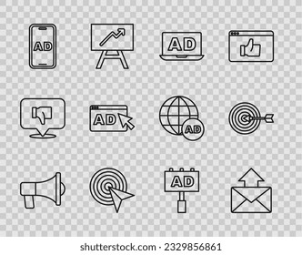 Set line Megaphone, Mail and e-mail, Advertising, Target,  and  icon. Vector