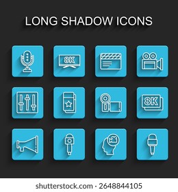 Set line Megaphone, Microphone, Head with camera, Cinema ticket, 8k Ultra HD and  icon. Vector