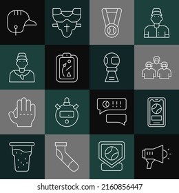 Set line Megaphone, Mobile with baseball ball, Team of players, Medal, Planning strategy, Baseball coach, helmet and Award cup icon. Vector