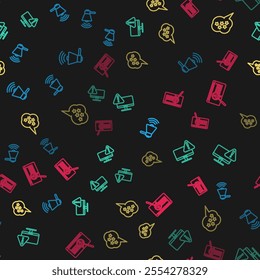 Set line Megaphone, Monitor with exclamation mark, Five stars rating review and System bug concept on seamless pattern. Vector