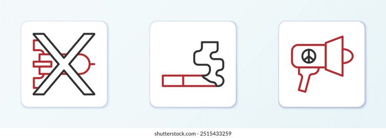Set line Megaphone, No war and Cigarette icon. Vector