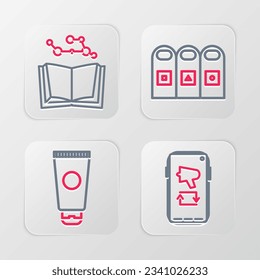 Set line Megaphone on mobile, Cream cosmetic tube, Trash in garbage cans sorted and Open book icon. Vector