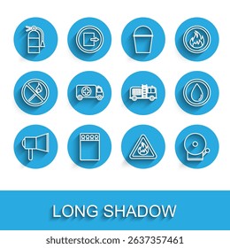 Set line Megaphone, Open matchbox and matches, Fire extinguisher, flame triangle, Ringing alarm bell, Ambulance emergency car, Water drop and truck icon. Vector