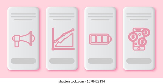 Set line Megaphone, Pie chart infographic, Battery charge level indicator and Smartphone with dollar symbol. White rectangle button. Vector
