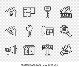 Megáfono, agente inmobiliario, llave de la casa, tienda del mercado, con el símbolo del dólar, texto colgante de la muestra Vendido e icono de la casa de Búsqueda. Vector