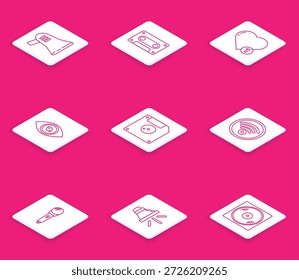 Set line Megaphone, Retro-Audio-Kassette Band, Wie und Herz, Auge, Diskette für Computer-Datenspeicherung, Wi-Fi Wireless-Internet-Netzwerk, Mikrofon und Lautsprecher Lautstärkesymbol. Vektorgrafik