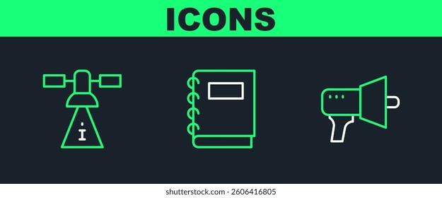 Set line Megaphone, Satellite and Notebook icon. Vector