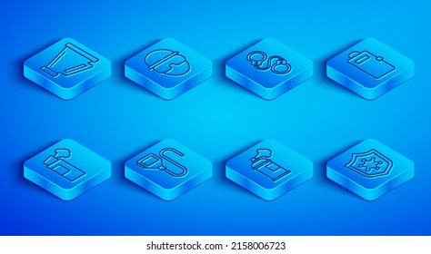 Set line Megaphone, Special forces soldier, Handcuffs, Walkie talkie, Paint spray can, Police assault shield, Pepper and badge icon. Vector