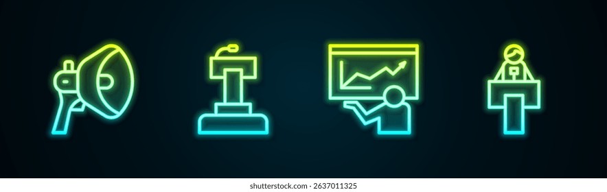 Set line Megaphone, Stage stand or tribune, Training, presentation and . Glowing neon icon. Vector