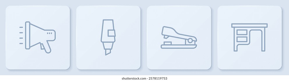 Set line Megaphone, Stapler, Marker pen and Office desk. White square button. Vector