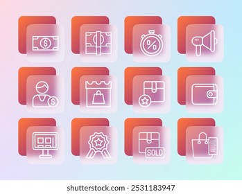 Set line Megaphone, Stars rating, Carton cardboard box, Sold, Shopping day, Stopwatch percent discount, Stacks paper money cash and  icon. Vector