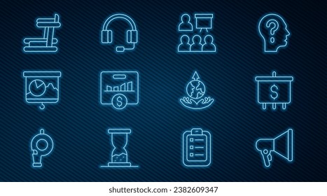 Set line Megaphone, Target with dollar, Training, presentation, Key performance indicator, Chalkboard chart, Treadmill machine, World expansion and Headphones icon. Vector