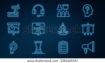 Set line Megaphone, Target with dollar, Training, presentation, Key performance indicator, Chalkboard chart, Treadmill machine, World expansion and Headphones icon. Vector