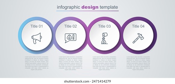 Set line Megaphone, Telephone call 911, Bucket extinguishing fire and Firefighter axe. Business infographic template. Vector