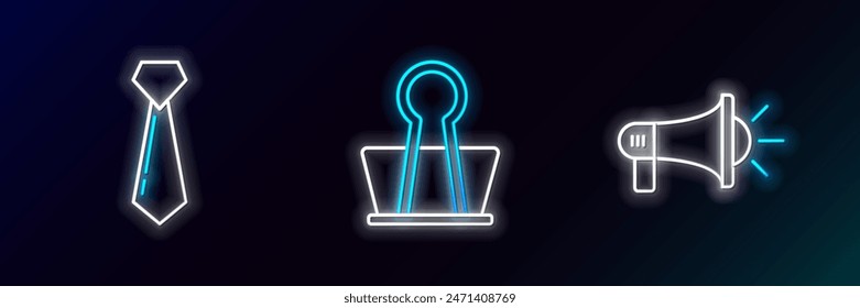 Establecer línea Megáfono, Corbata y Binder Clip icono. Neón brillante. Vector
