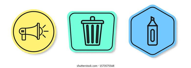 Set line Megaphone, Trash can and Marker pen. Colored shapes. Vector