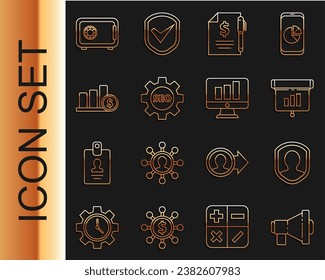 Set line Megaphone, User protection, Graph, chart, diagram, infographic, Contract money and pen, Seo tag with gear wheel, Pie dollar, Safe and Monitor icon. Vector