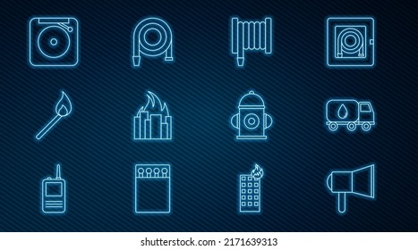 Set line Megaphone, Water delivery truck, Fire hose reel, in burning buildings, Burning match with fire, Ringing alarm bell, hydrant and  icon. Vector