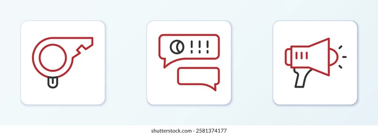 Set line Megaphone, Whistle and Speech bubble chat baseball icon. Vector