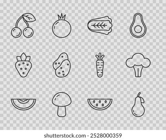 Set line Melón, pera, col, champiñón, cereza, patata, sandía y brócoli icono. Vector