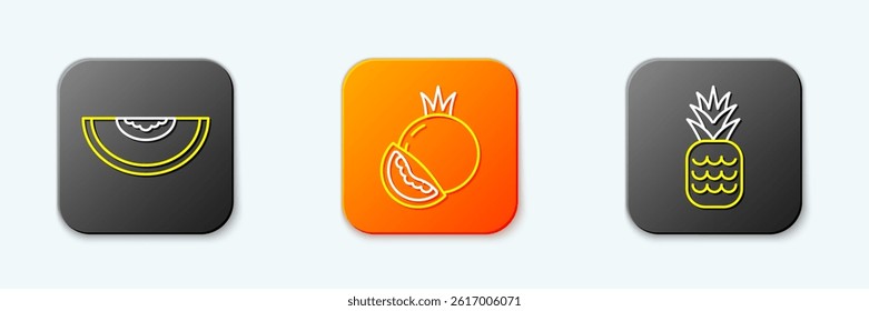 Set line Melon fruit, Tomato and Pineapple icon. Vector