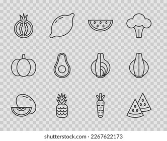 Fijar la línea Melón, sandía, piña, tomate, aguacate, zanja y cebolla. Vector