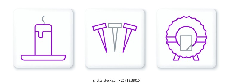 Set line Memorial wreath, Burning candle and Metallic nails icon. Vector