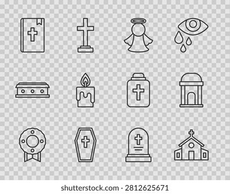 Set line Memorial wreath, Church building, Angel, Coffin with cross, Holy bible book, Burning candle, Grave tombstone and Old crypt icon. Vector