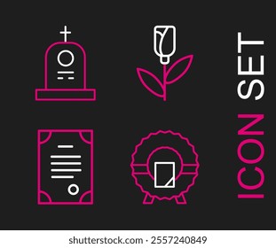 Set line Memorial wreath, Death certificate, Flower rose and Grave with tombstone icon. Vector