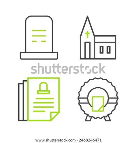 Set line Memorial wreath, Death certificate, Church building and Grave with tombstone icon. Vector