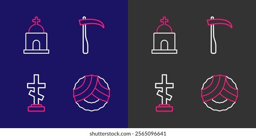 Set line Memorial wreath, Grave with cross, Scythe and Old crypt icon. Vector