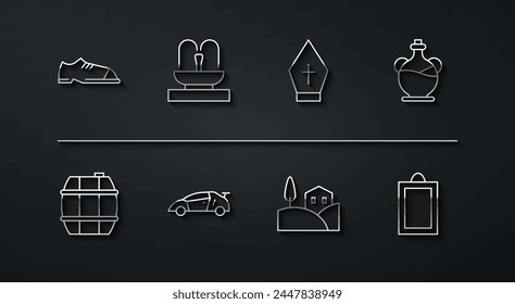 Set line Men shoes, Barrel for wine, Bottle of olive oil, Village landscape, Sport racing car, Fountain, Picture and Pope hat icon. Vector