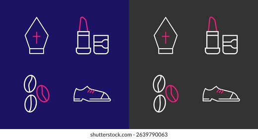 Set line Men shoes, Coffee beans, Lipstick and Pope hat icon. Vector