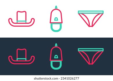 Set line Men underpants, Man hat and Police cap with cockade icon. Vector