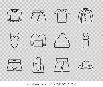 Set line Men underpants, Man hat, T-shirt, Handbag, Sweater, Short or and Woman dress icon. Vector